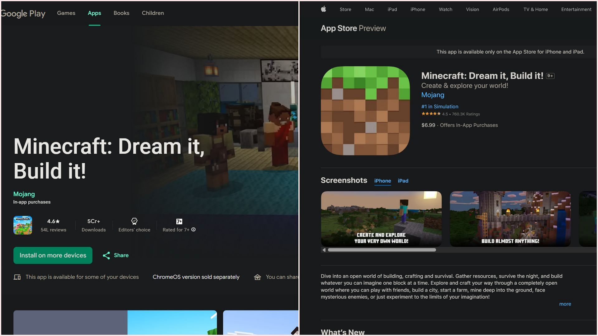 Minecraft sur les sites Web Android et iOS Store (image via Android || iOS)