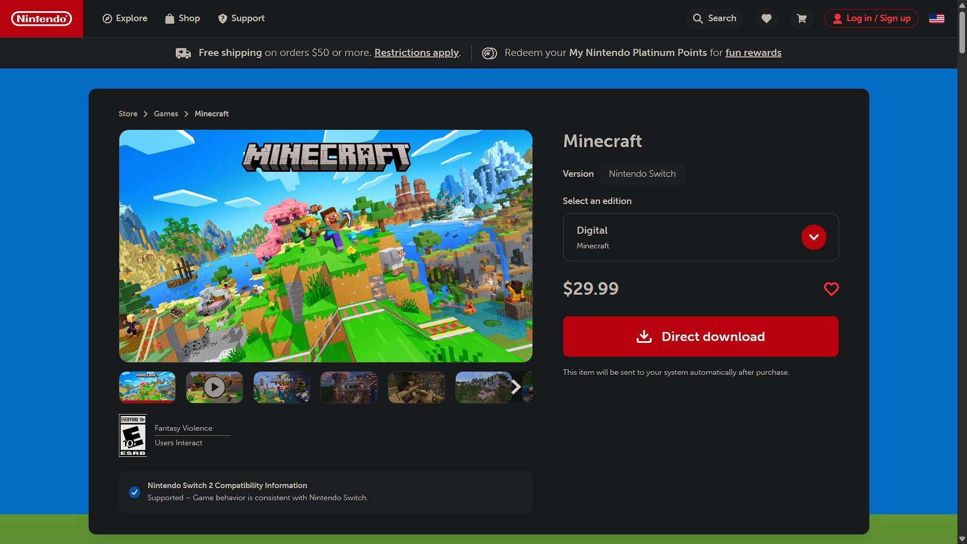 Minecraft sur le site Web de Nintendo (image via Nintendo)