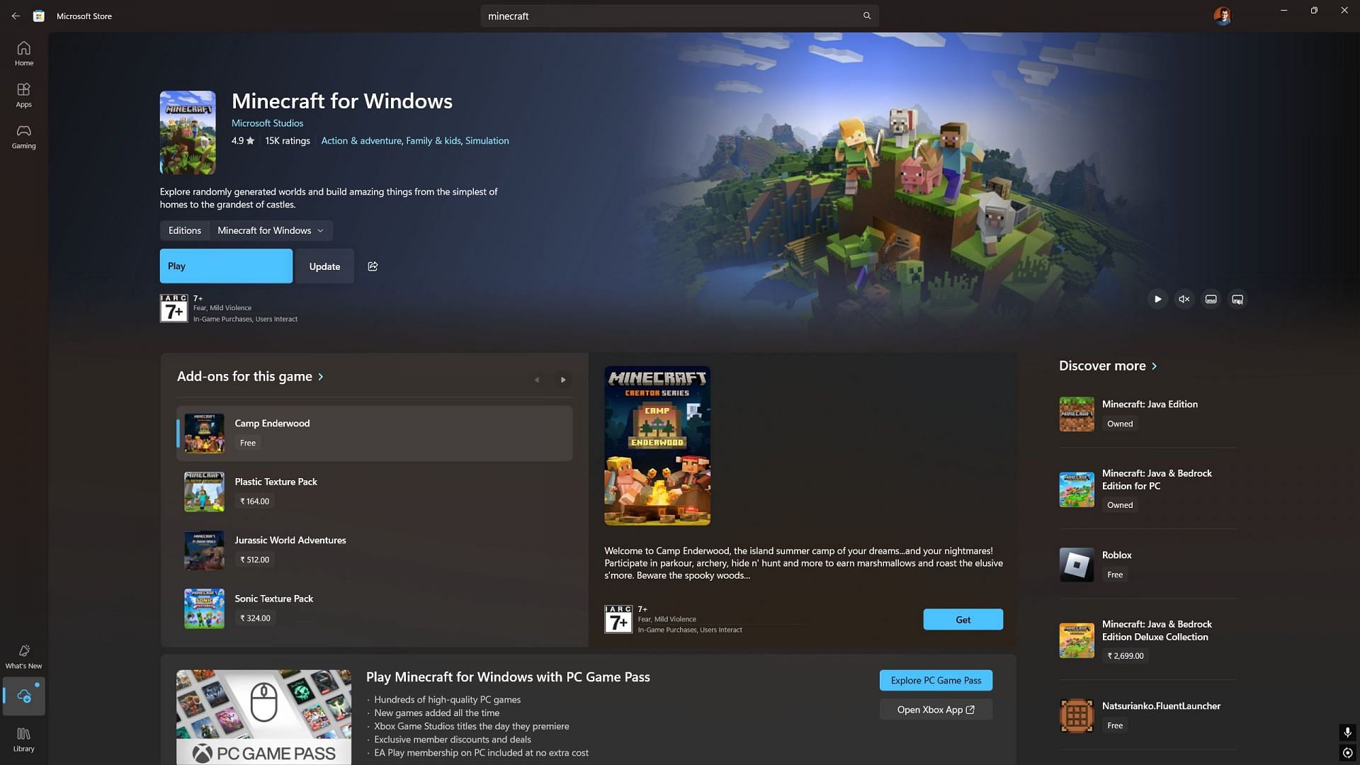 Minecraft sur Microsoft Store (image via Microsoft Store)